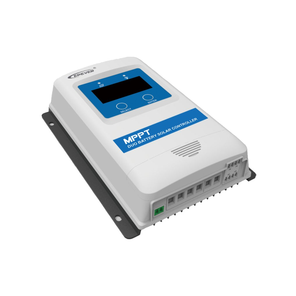 EPEVER MPPT duo battery solar charge controller with LCD screen, Select/Enter buttons, and front wiring terminals