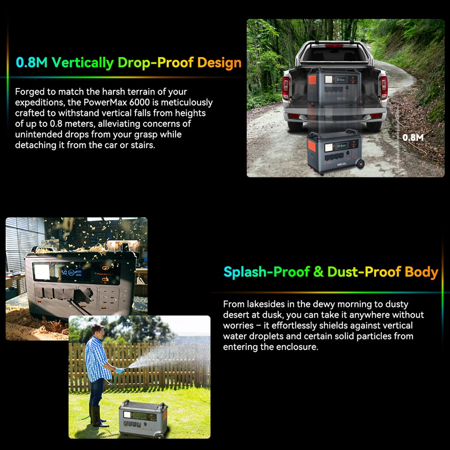 PowerMax 6000 is durable, splash- and dust-proof, with 0.8M drop protection, perfect for outdoor use in tough environments.