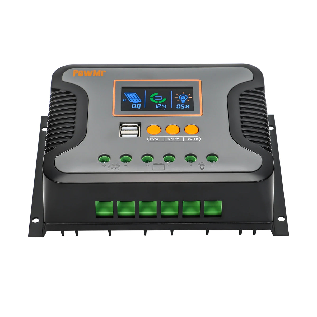 PowMr POW-PSTAR PWM solar charge controller front view with LCD display, dual USB ports and green terminals