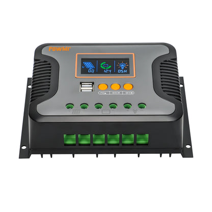PowMr POW-PSTAR PWM solar charge controller front view with LCD display, dual USB ports and green terminals