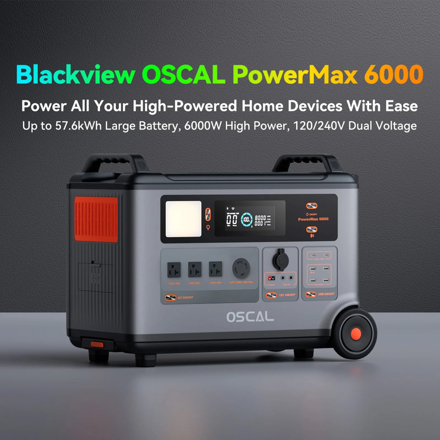 Blackview OSCAL PowerMax 6000: 57.6kWh, 6000W, dual voltage, multiple outlets, digital display, portable with wheels—ideal home energy backup solution.