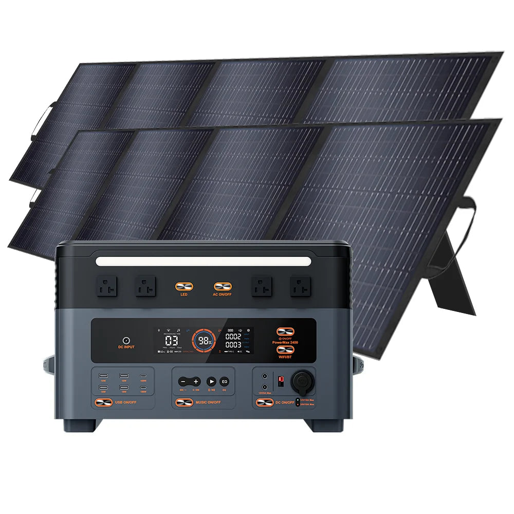 Oscal PowerMax 2400 Portable Power Station, Portable power station with solar panels and digital display.