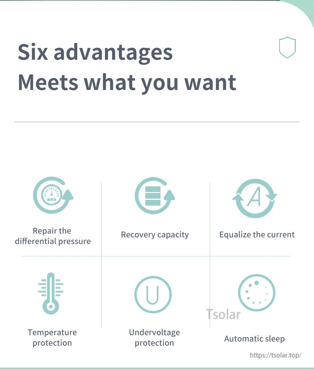Six advantages infographic for active balancer: equalize current, temperature and undervoltage protection