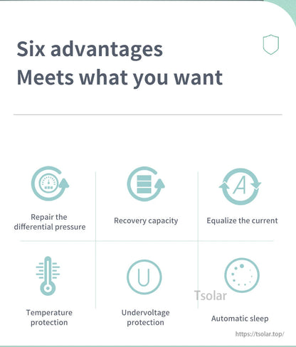 Six advantages infographic for active balancer: equalize current, temperature and undervoltage protection