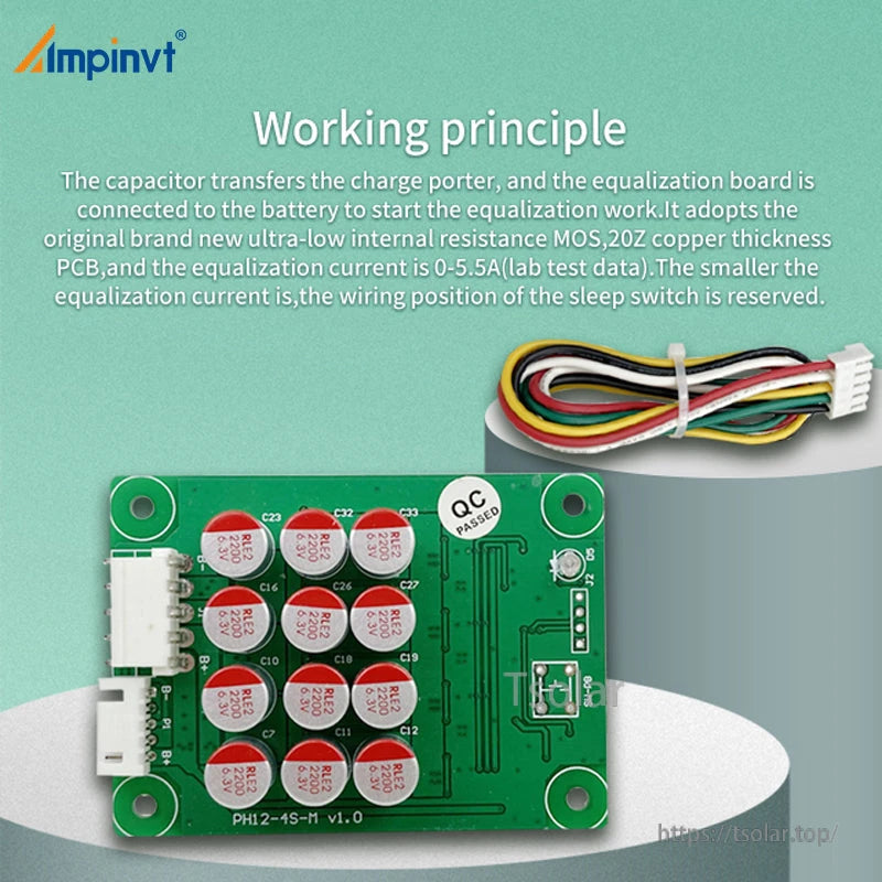Working principle graphic showing active balancer PCB and wiring harness on green background