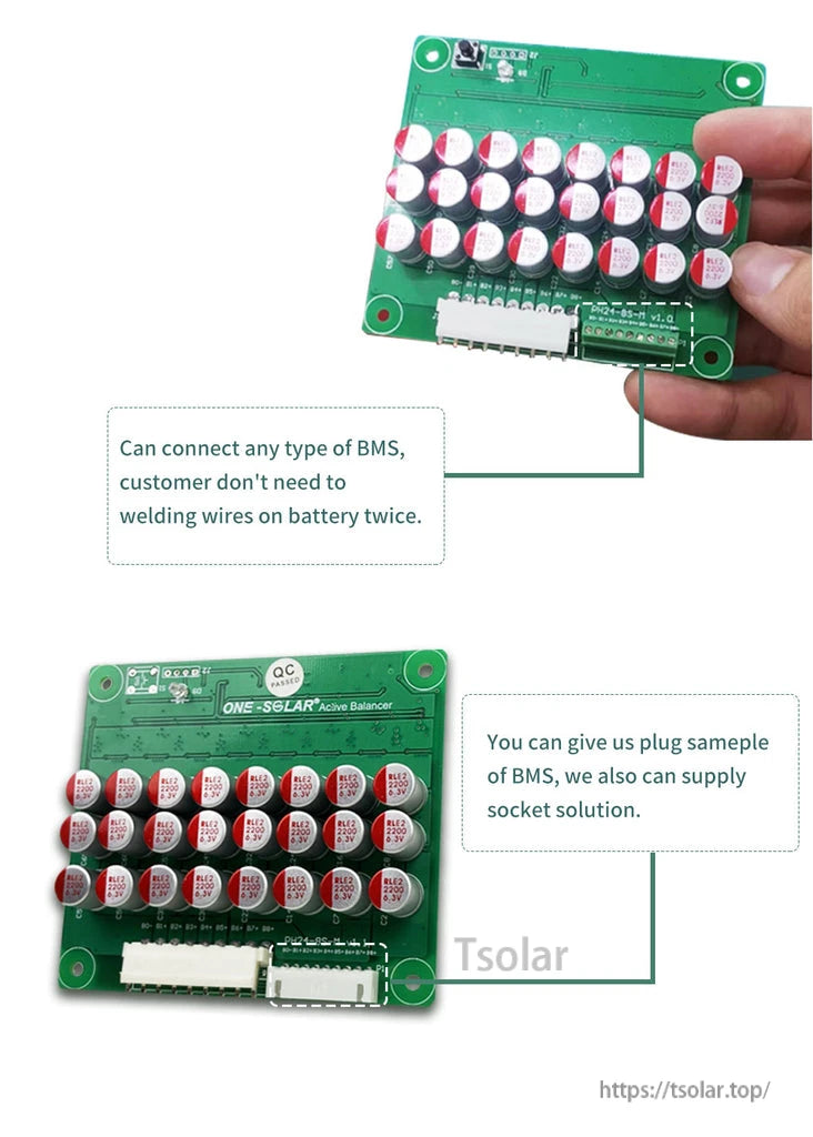 Active balancer PCB close-up with plug/socket connectors for BMS compatibility and ONE-SOLAR / QC PASSED markings