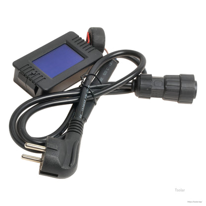 AC cable LCD remote meter with blue screen display, attached power cord, and inline connector