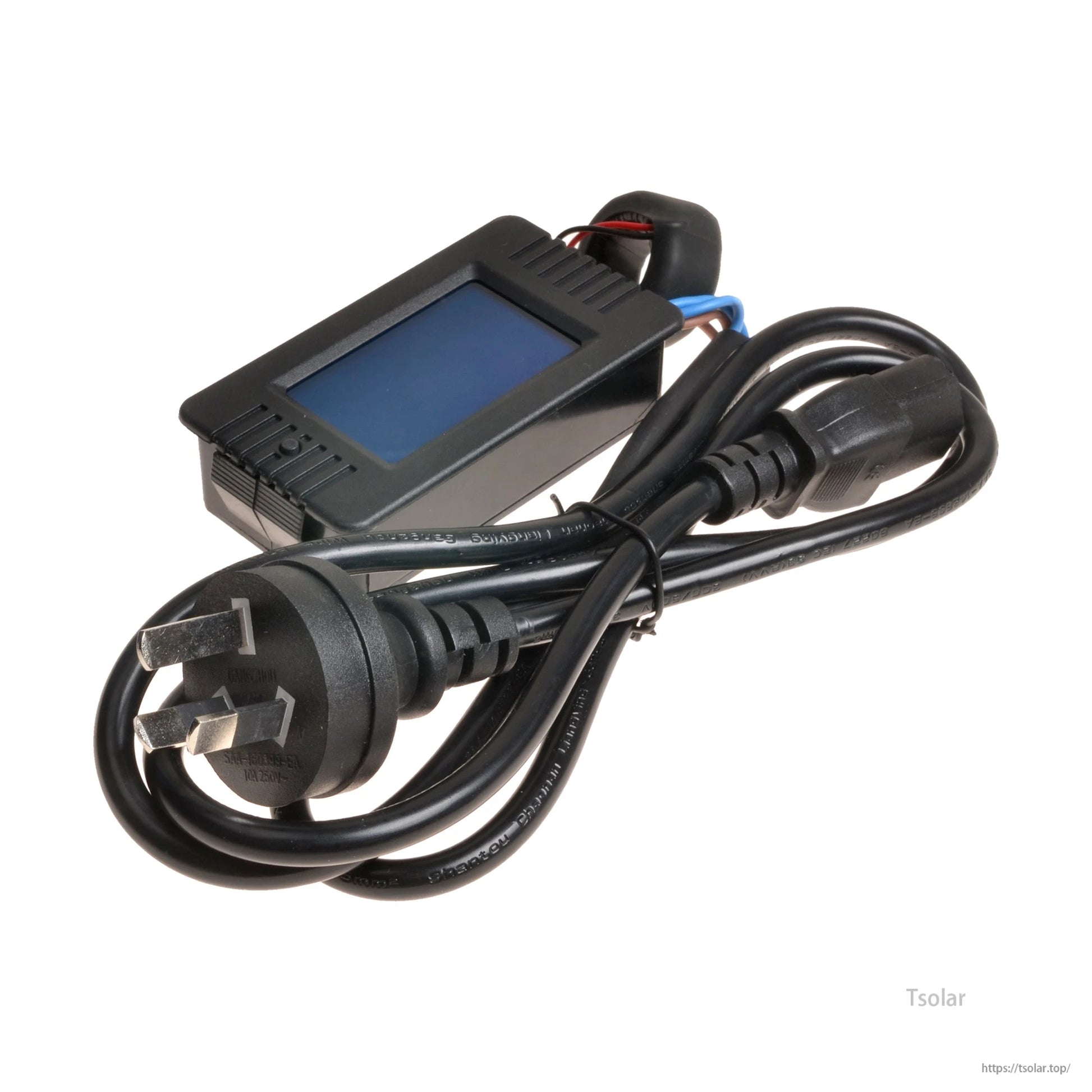 AC cable LCD remote meter with inline black display module, UK 3-pin plug lead and output socket