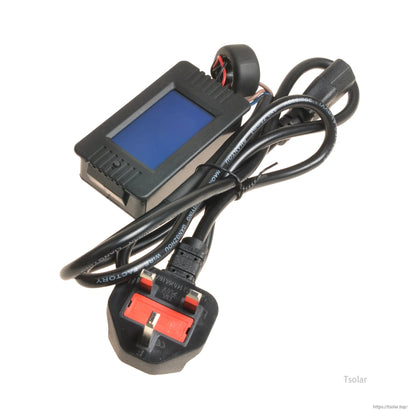 AC cable LCD remote meter with blue display, UK 3-pin plug lead, and clip-on current sensor ring