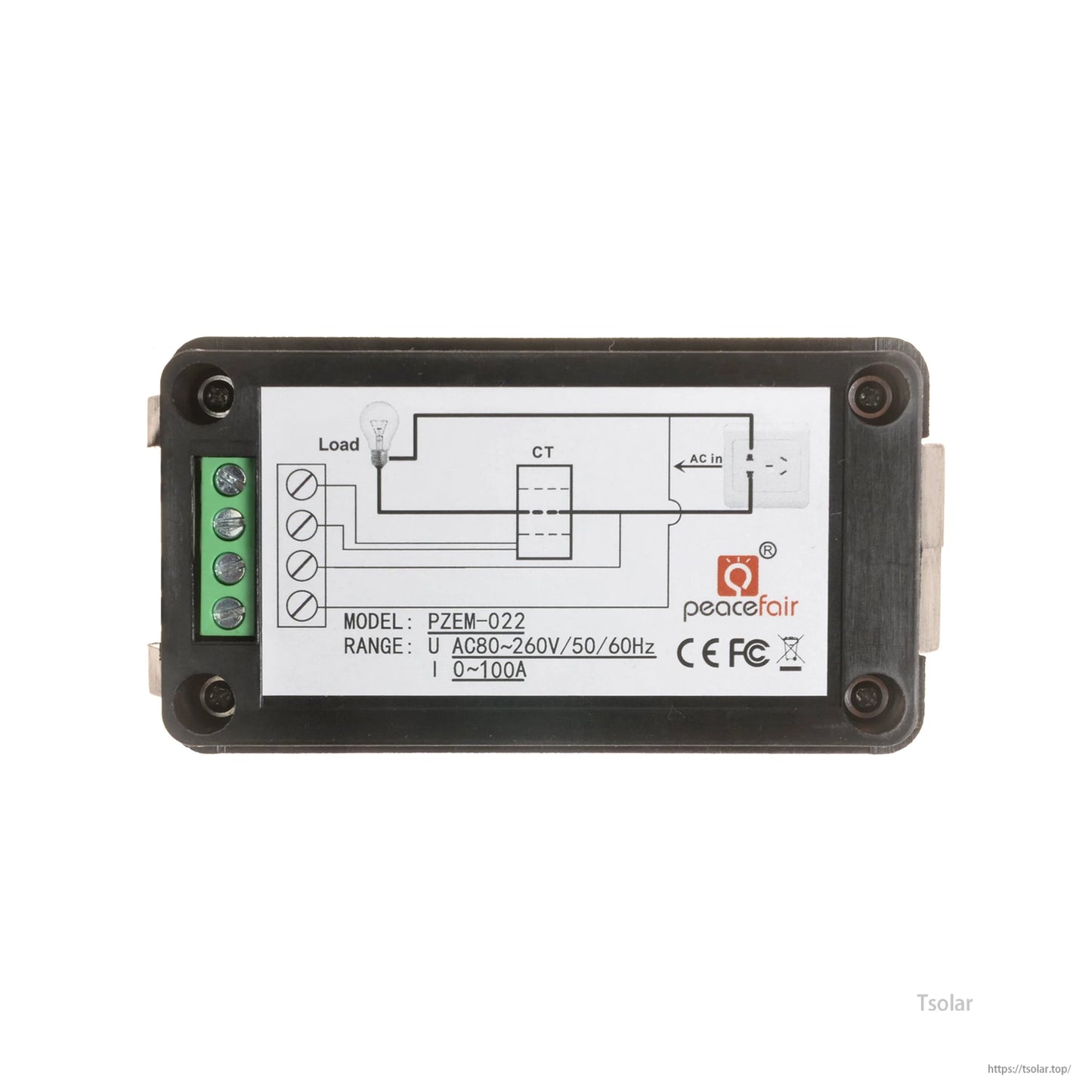 AC Cable LCD Remote Meter, Peacefair PZEM-022 AC energy meter module with screw terminal block and wiring diagram, AC80-260V 0-100A