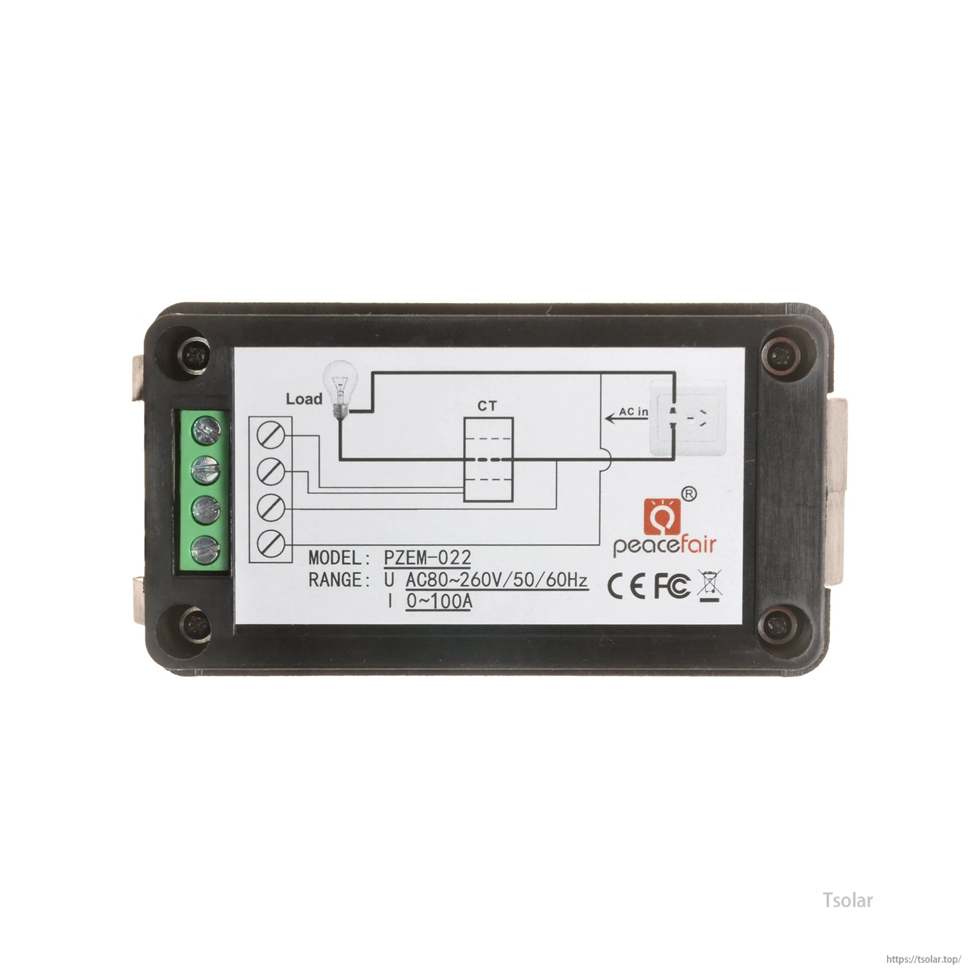 AC Cable LCD Remote Meter, Peacefair PZEM-022 AC energy meter module with screw terminal block and wiring diagram, AC80-260V 0-100A
