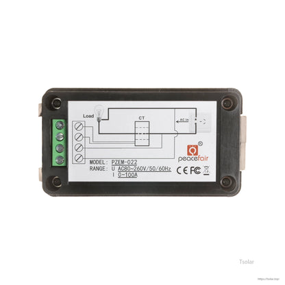 AC Cable LCD Remote Meter, Peacefair PZEM-022 AC energy meter module with screw terminal block and wiring diagram, AC80-260V 0-100A