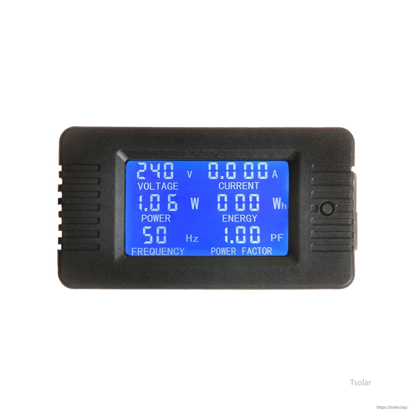 AC Cable LCD Remote Meter, AC cable LCD remote power meter with blue backlit display showing voltage, current, watts, Hz, and power factor