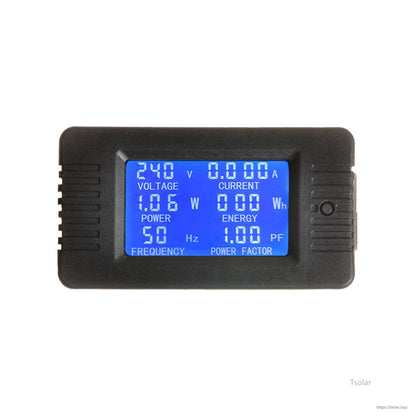 AC Cable LCD Remote Meter, AC cable LCD remote power meter with blue backlit display showing voltage, current, watts, Hz, and power factor