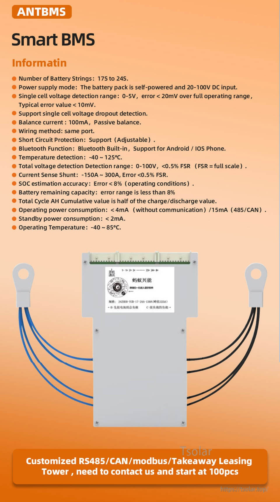ANT BMS Smart BMS infographic with Bluetooth monitoring, balancing, and 17S–24S (20–100V) support