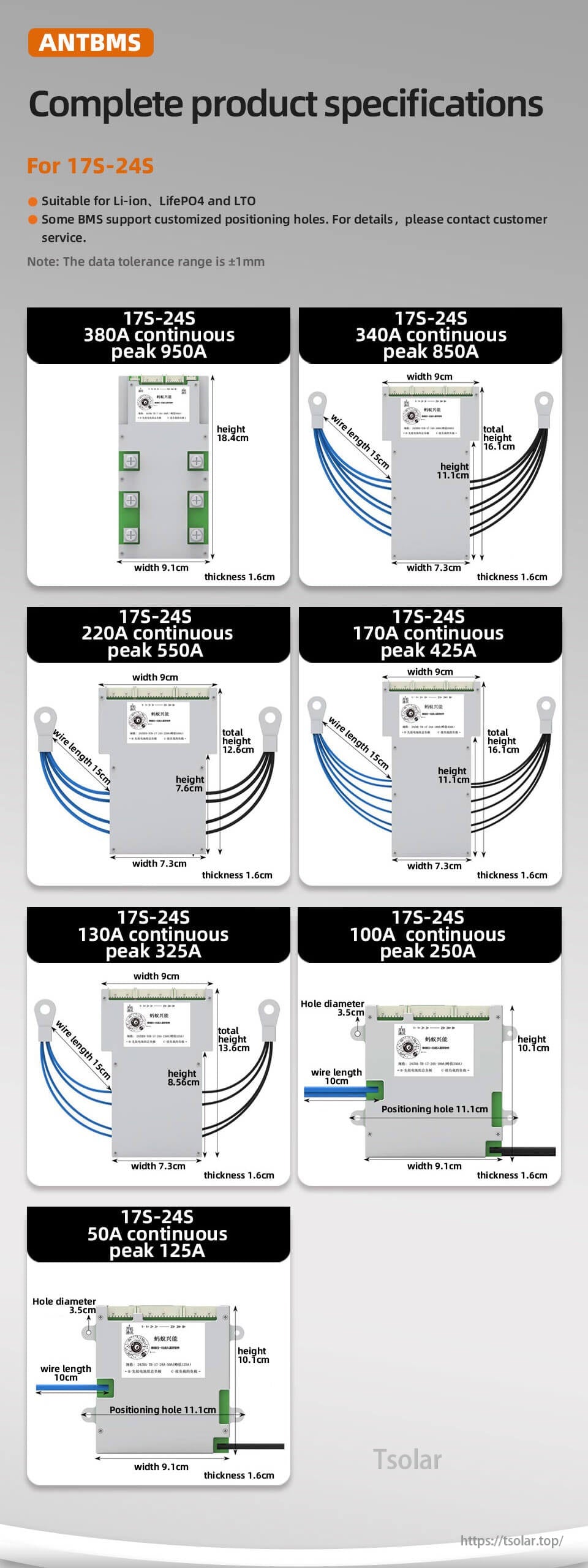 Current and size options chart for 17S–24S Smart BMS variants, showing 50A to 380A models and dimensions
