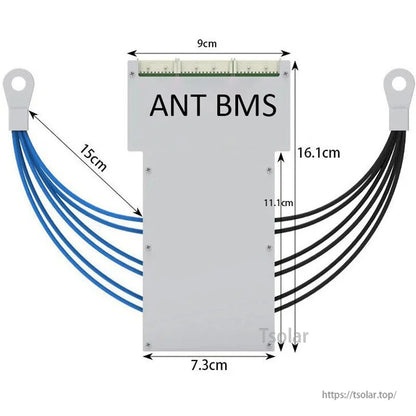 ANT BMS dimensions shown on back view: 9cm top width, 16.1cm height, 7.3cm bottom width, 15cm leads