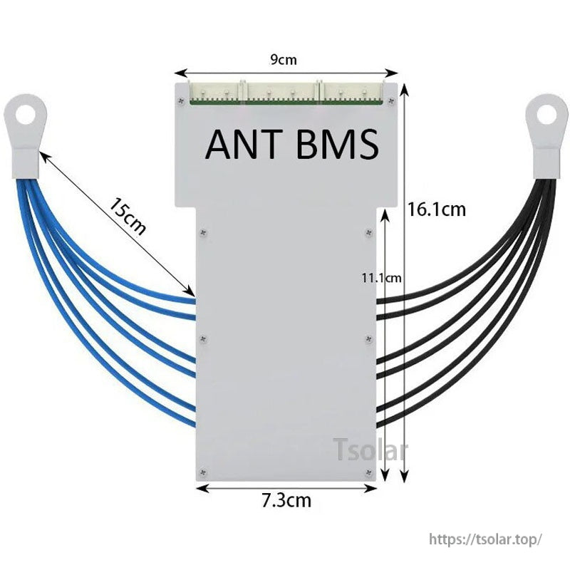 ANT BMS smart BMS dimensions and cable length: 16.1 cm height, 9 cm top width, 7.3 cm bottom width, 15 cm leads