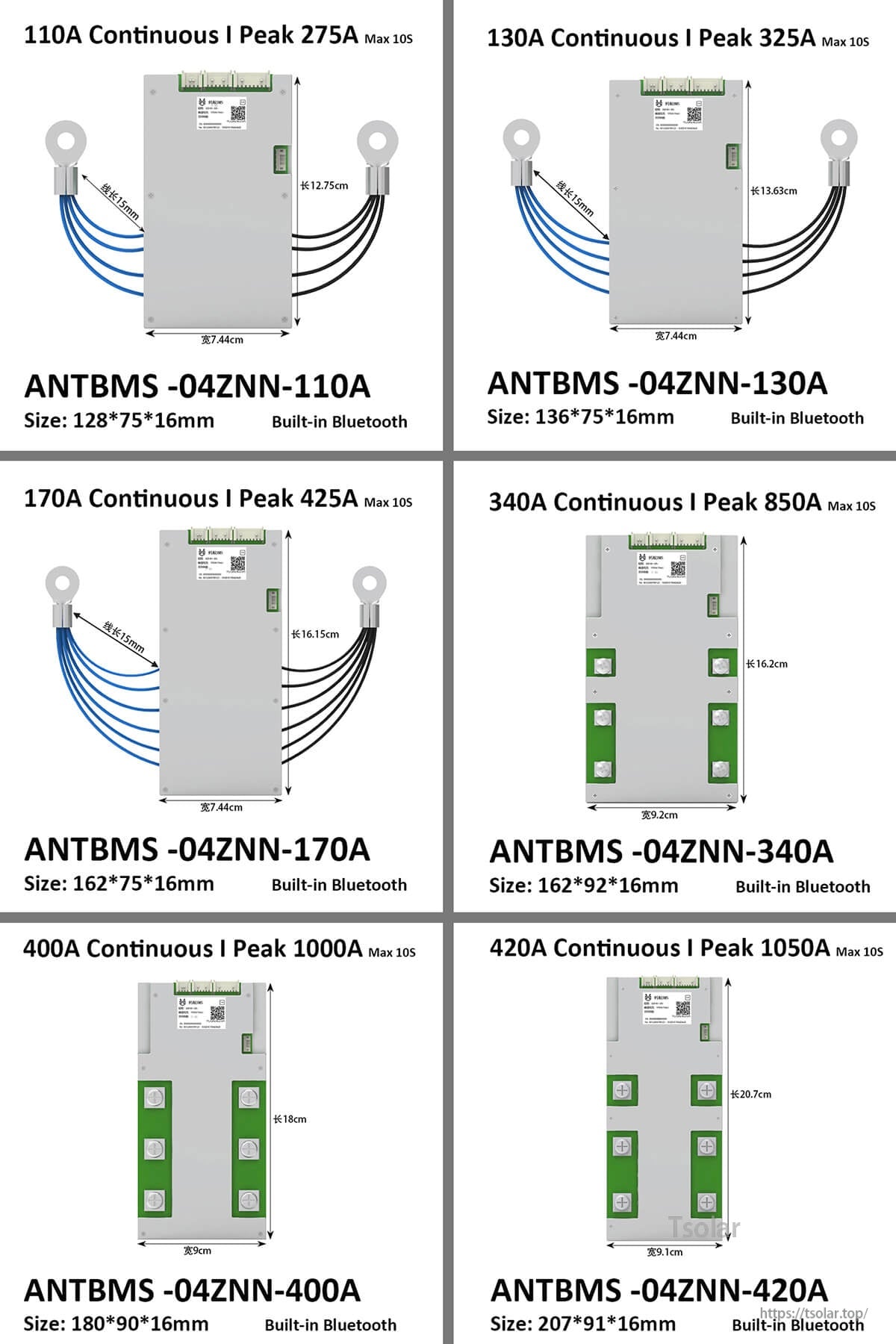 4S BMS model options chart with board sizes and current ratings from 110A to 420A