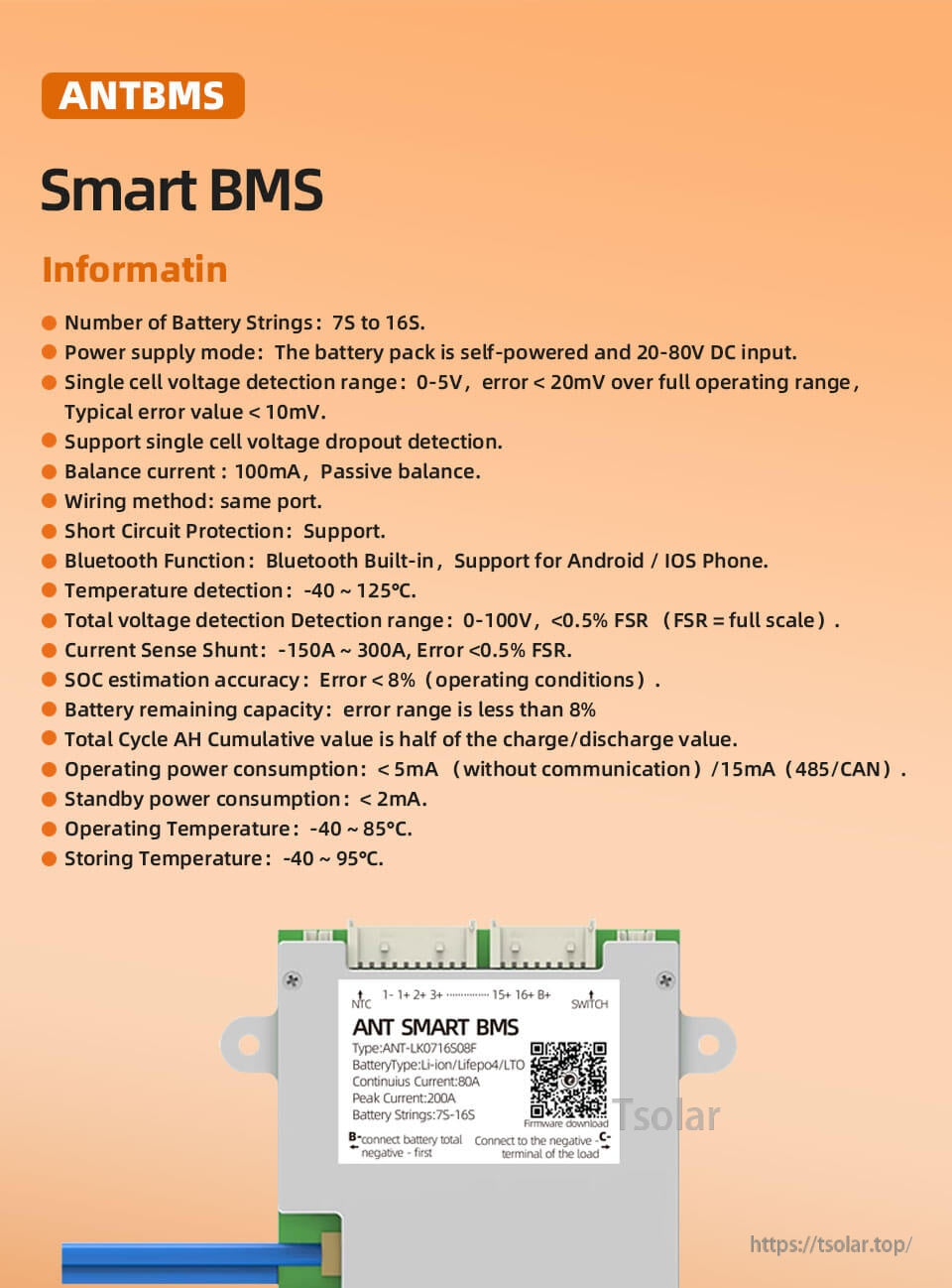 ANTBMS Smart BMS overview with key features for 7S–16S packs and Bluetooth monitoring