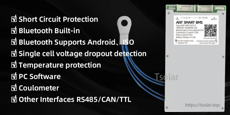 ANT Smart BMS for 7S–8S lithium packs with built-in Bluetooth and RS485/CAN/TTL communication options