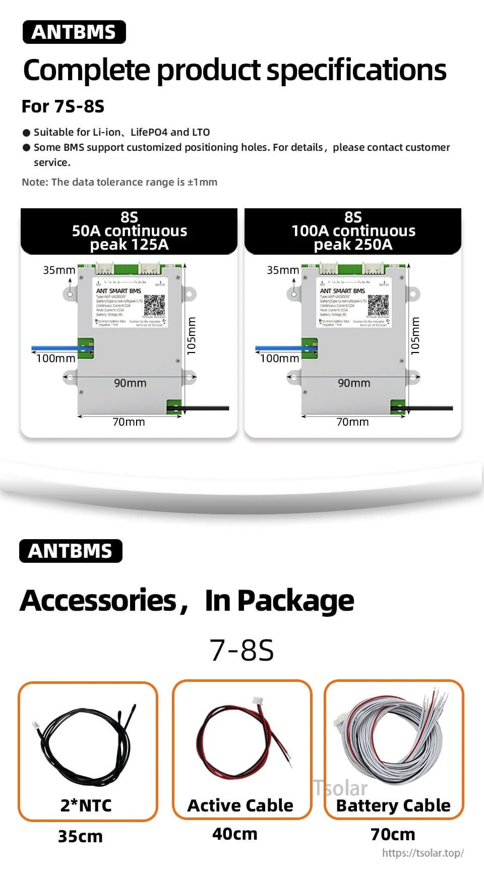 ANTBMS 7S–8S specs showing 50A and 100A versions, board dimensions, and included NTC, active and battery cables