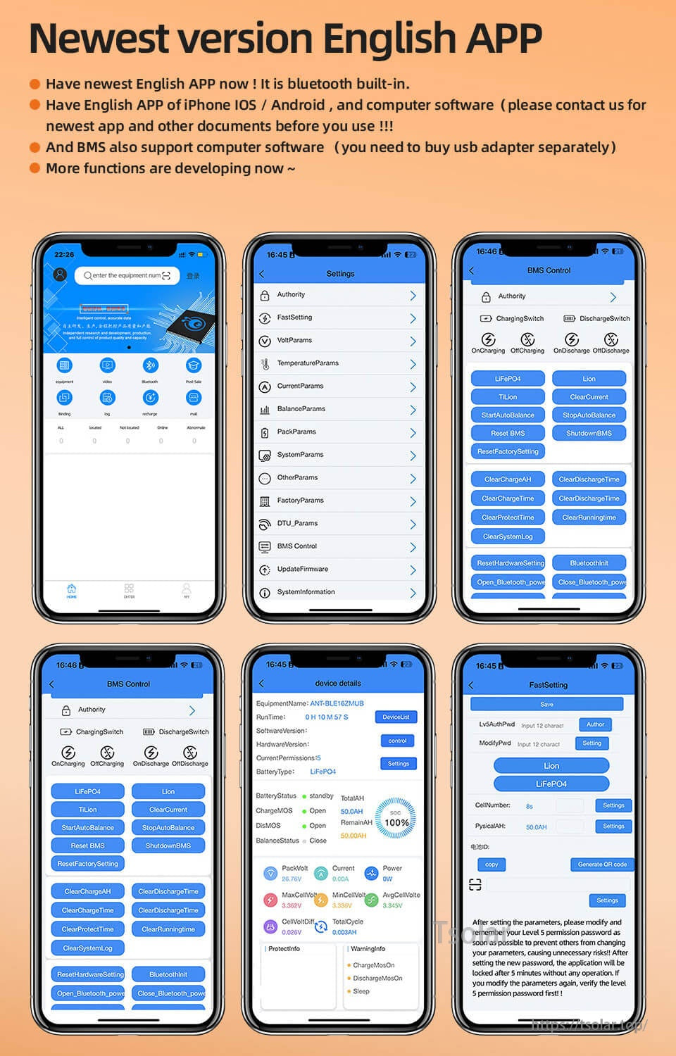 Bluetooth app interface screens for : settings, protection parameters, cell data and battery status pages