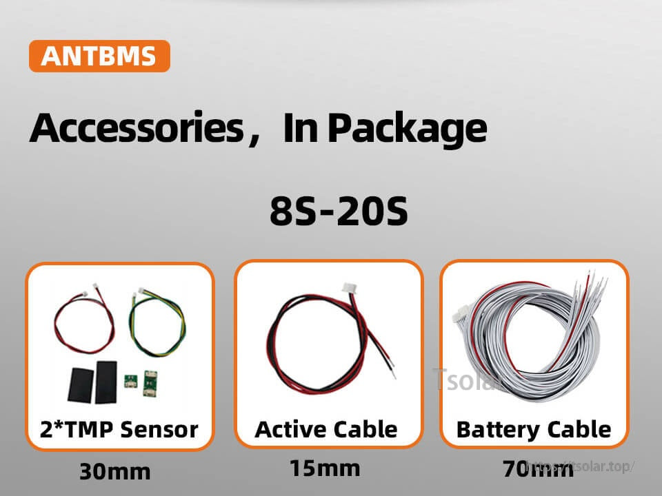 In-box accessories for 8S–20S BMS: TMP temperature sensors, main active cable, and balance lead harness