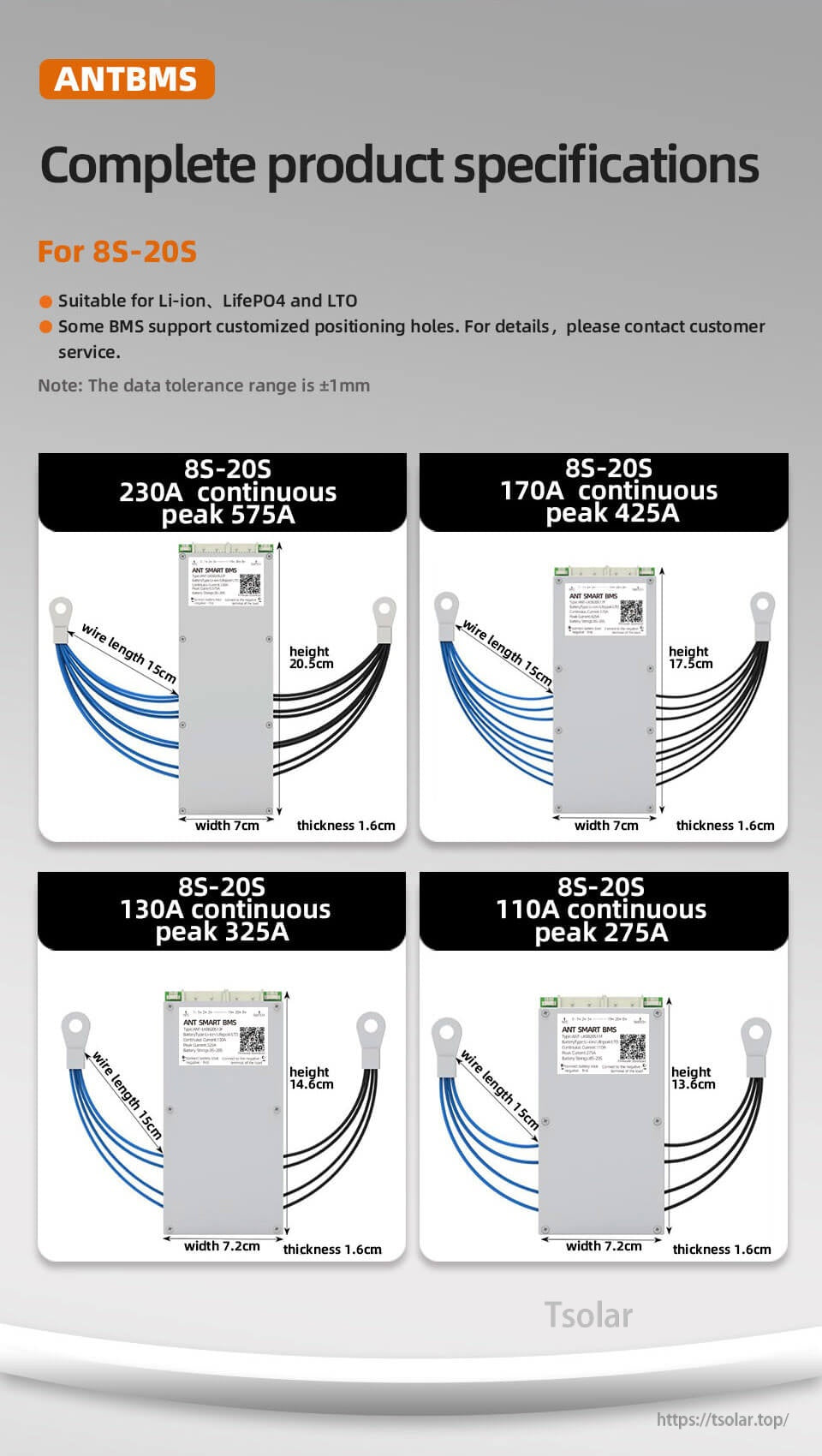 ANTBMS 8S–20S Smart BMS size and current options chart: 110A, 130A, 170A, and 230A versions
