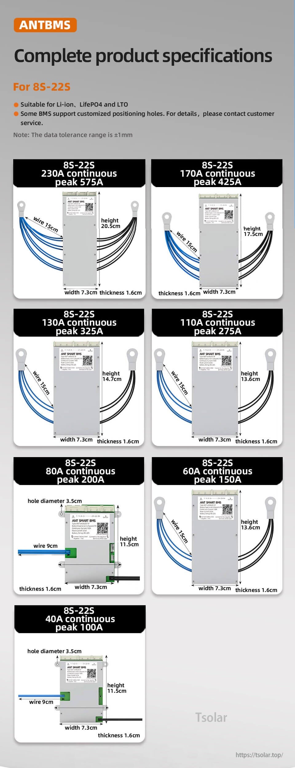 ANTBMS Smart BMS size and current-rating options chart for 8S–22S packs, listing continuous and peak current versions