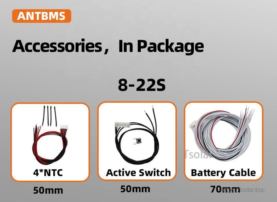 Included accessories for 8–22S : 4× NTC temperature sensors, active switch lead, and battery/cell sense cable harness
