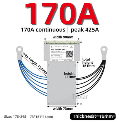 170A smart BMS dimension chart showing width, height, thickness, and 425A peak