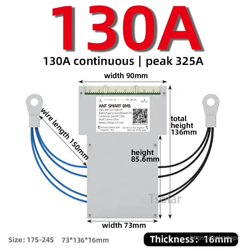 130A ANT smart BMS size diagram with dimensions, wire length, and 325A peak rating
