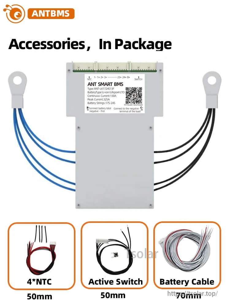 Accessories in package: 4× NTC sensor, active switch lead, and battery cable set