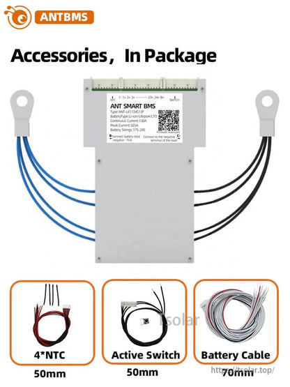 Accessories in package: 4× NTC sensor, active switch lead, and battery cable set