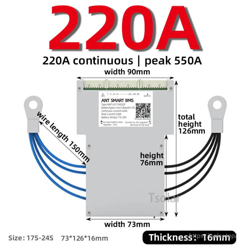 220A smart BMS size diagram with 150mm wire length, dimensions, and 550A peak