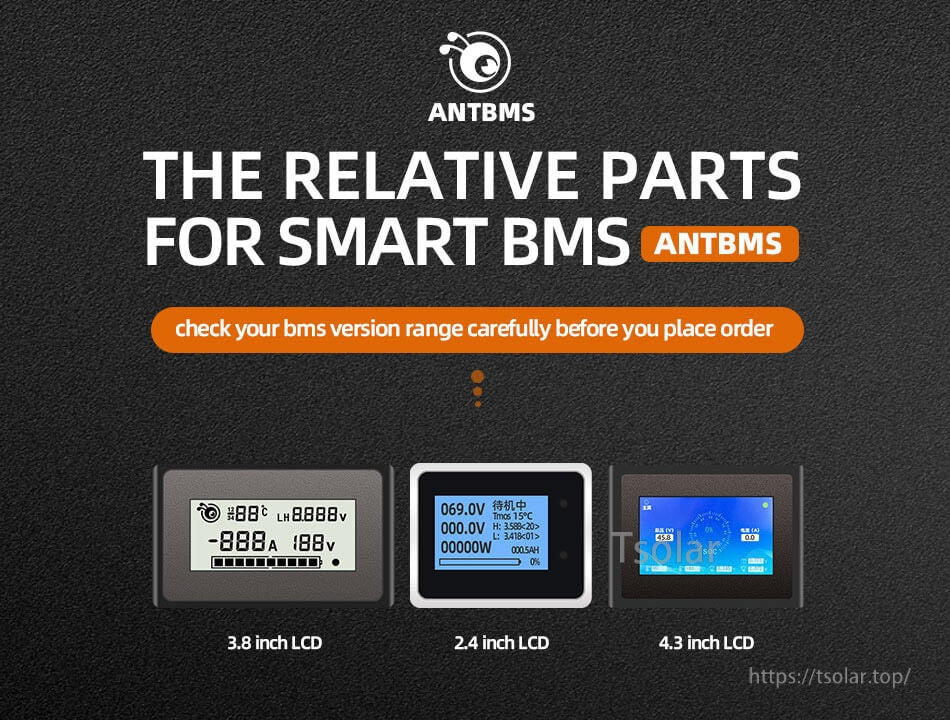 ANTBMS Special LCD Display size options overview for ANT Smart BMS: 3.8 inch, 2.4 inch, and 4.3 inch screens