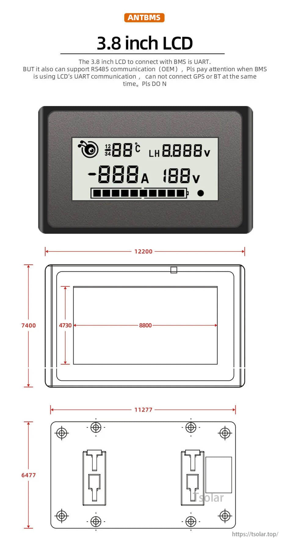 3.8 inch LCD display for ANT BMS with front screen layout and back view showing connector ports and dimensions