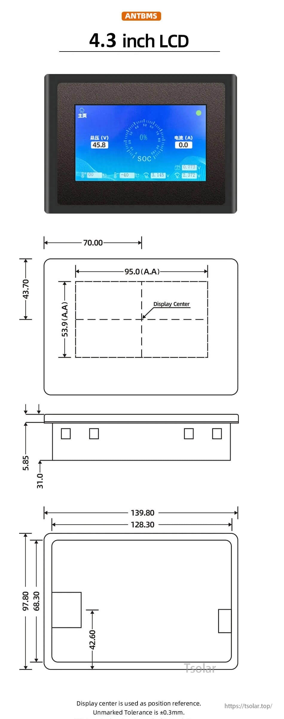 ANTBMS Special LCD Display 4.3 inch LCD front view with dimensional drawing and mounting reference measurements