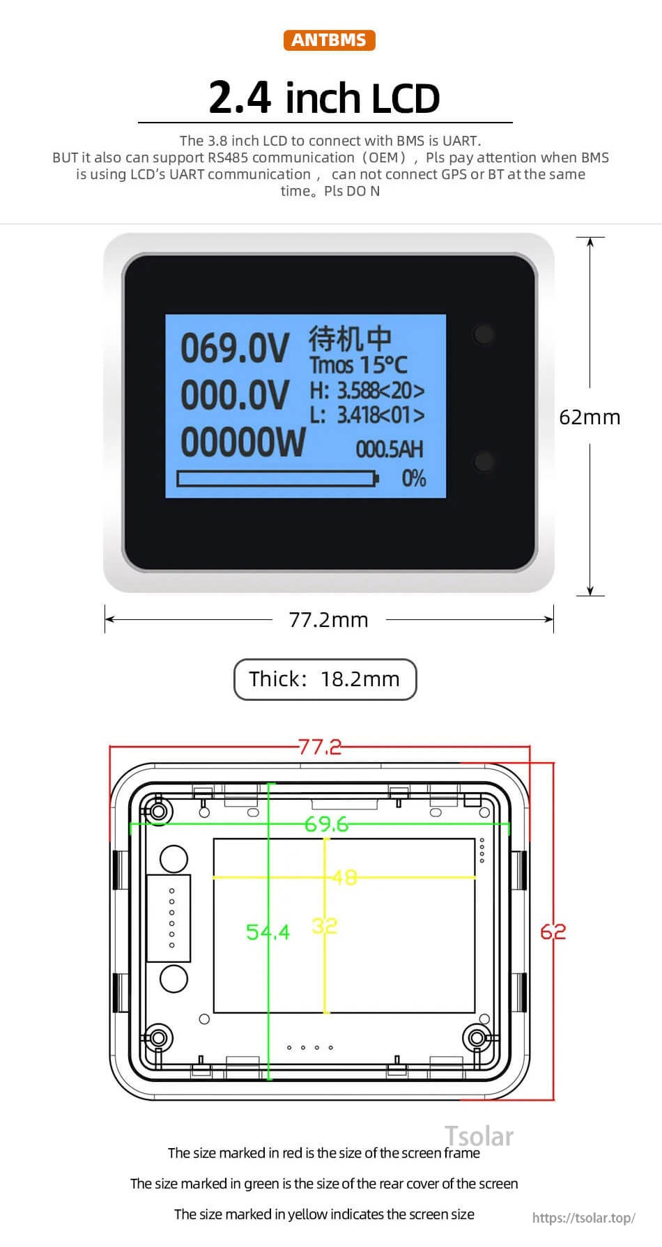 2.4 inch LCD for ANT Smart BMS with voltage/status screen and housing dimensions (77.2 × 62 mm, 18.2 mm thick)