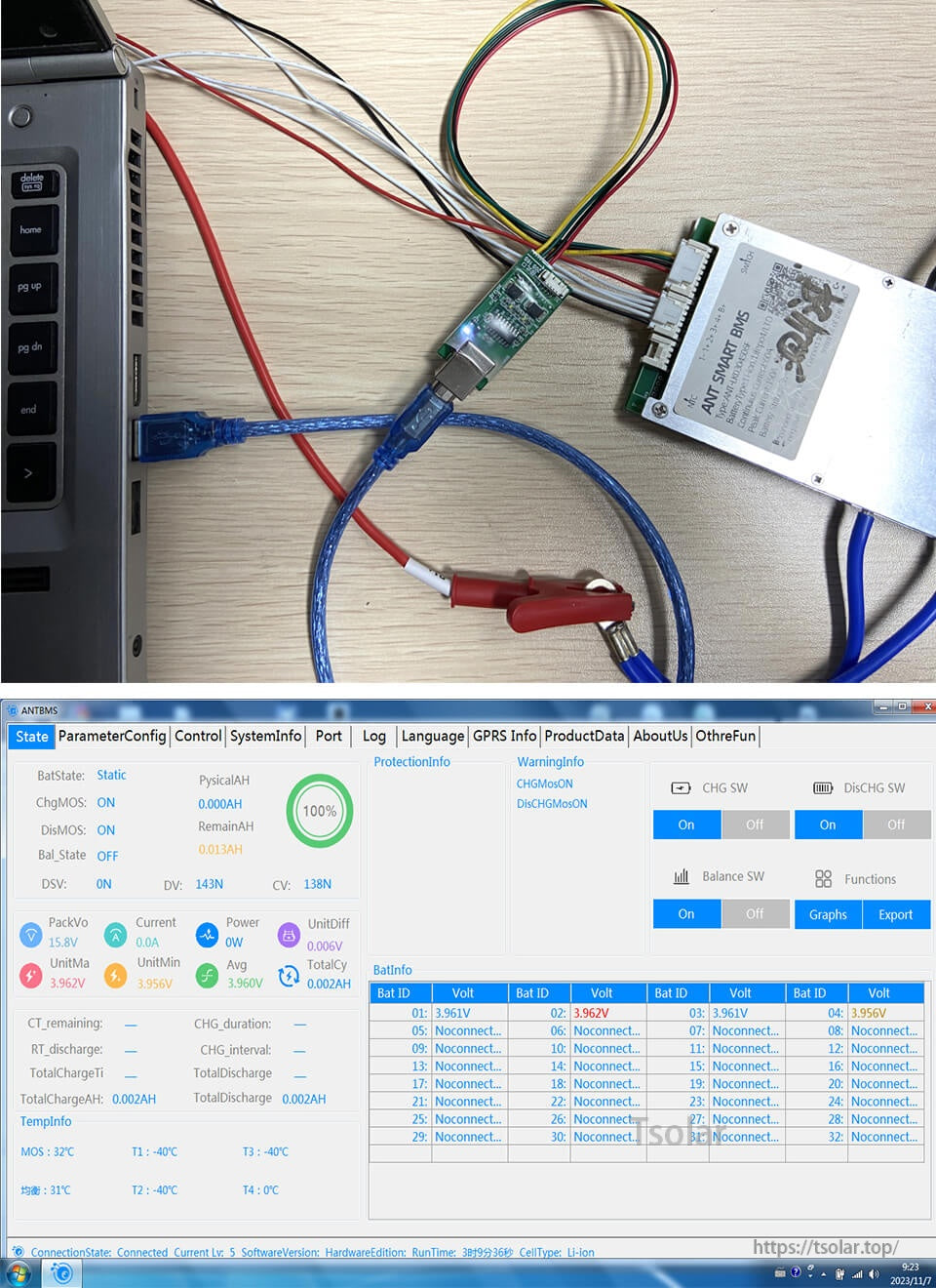 ANT BMS USB Adapter connected between a PC and ANT Smart BMS, with ANTBMS software interface visible