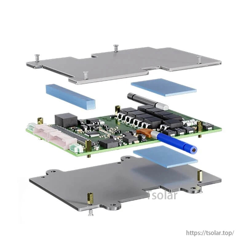 Exploded view showing metal covers, insulating pads, and internal circuit board assembly