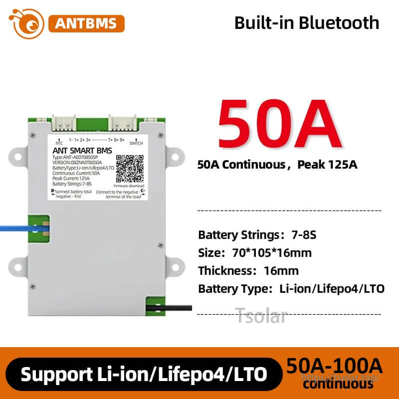 50A version spec graphic for smart BMS, showing 7–8S battery strings and size 70×105×16 mm