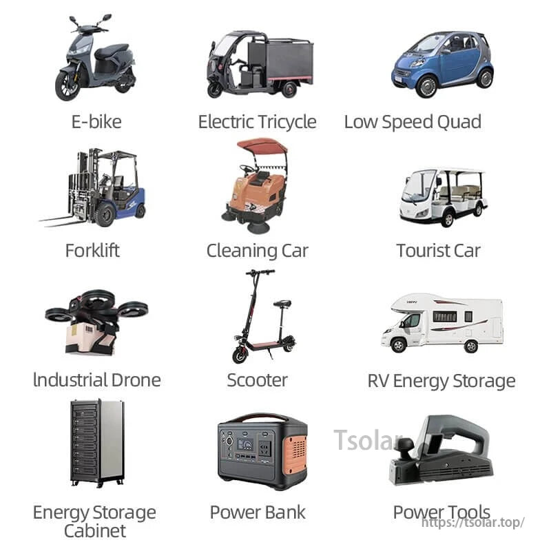 Application icons for e-bike, tricycle, scooter, RV energy storage, power tools, and more