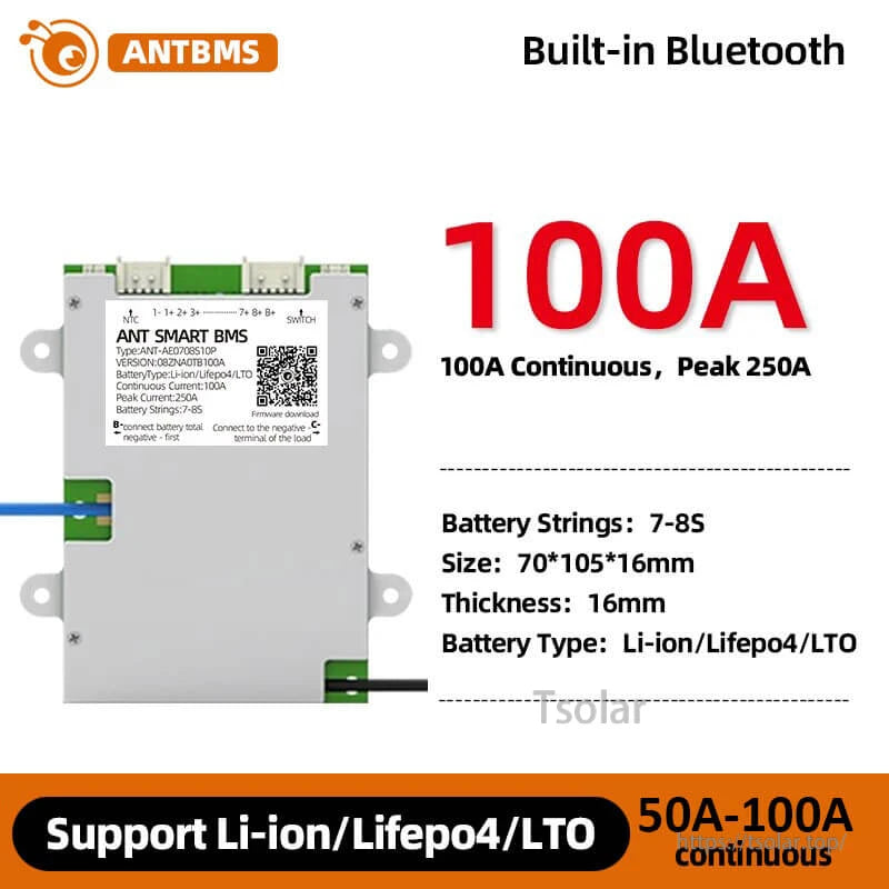 100A version spec graphic for smart BMS, showing 7–8S battery strings and size 70×105×16 mm