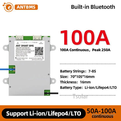 100A version spec graphic for smart BMS, showing 7–8S battery strings and size 70×105×16 mm