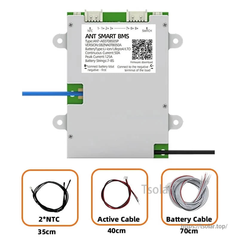 Package contents: BMS unit with NTC sensor wires, active cable, and battery cable lengths shown