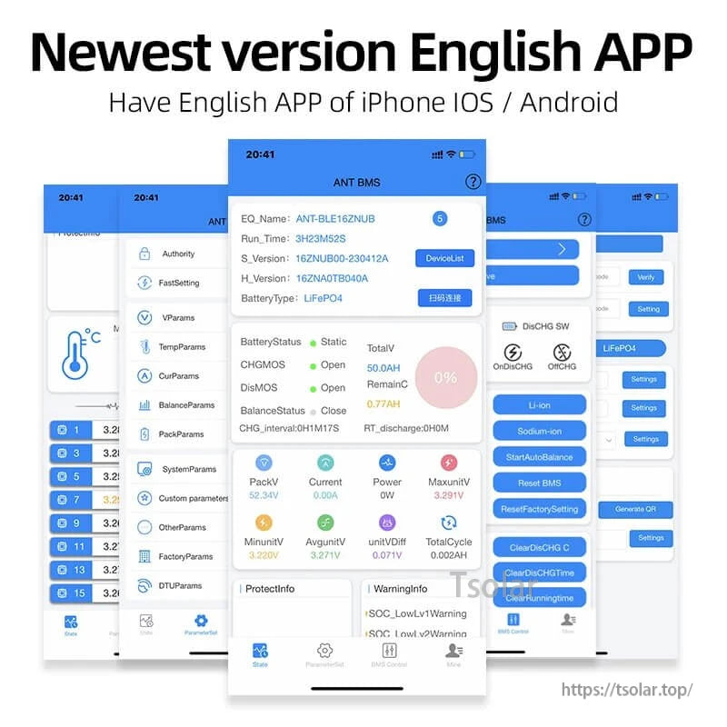 English mobile app interface screenshots for monitoring and settings in the ANT BMS app