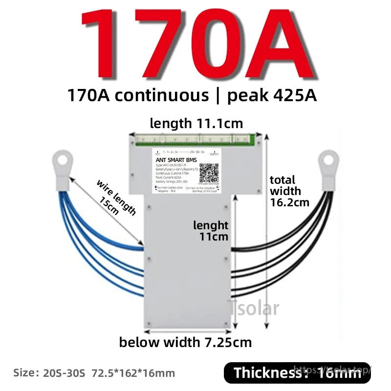 170A continuous BMS option with balance lead wires and board dimension diagram (thickness 16 mm)