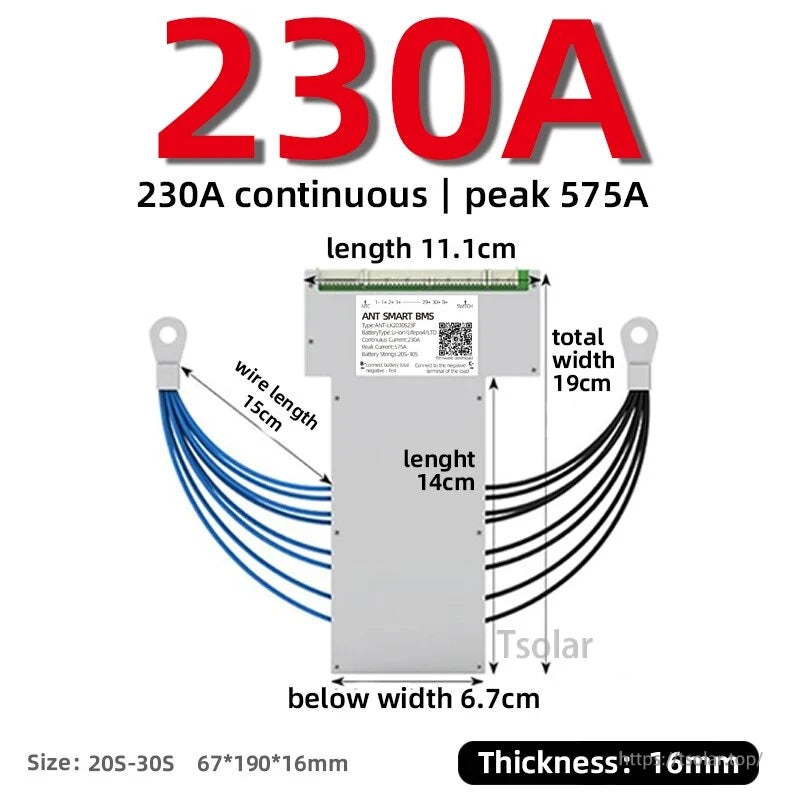230A continuous BMS option with balance lead wires and size diagram (thickness 16 mm)